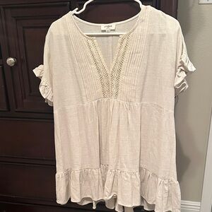 Umgee Women's Beige linen blend natural Ruffle Blouse tunic boho cottagecore